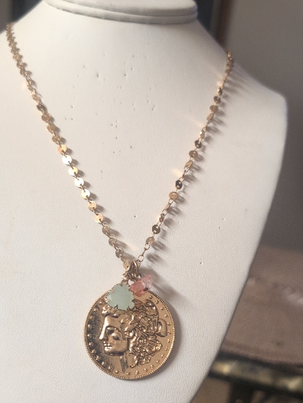Park Lane Bria  Gold-Tone Coin Pendant Necklace with Mint and Pink Accents